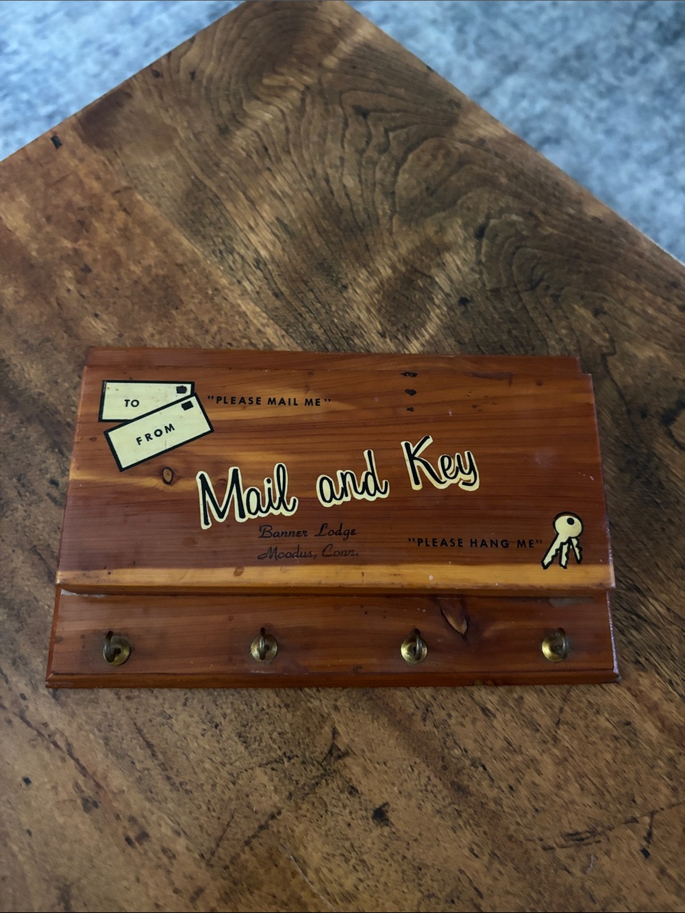 Vintage Mid Century Modern Mail and Key Wall Organizer Brown Wooden Key Rack
